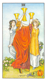 The Three of Cups. Image from the Universal Waite Tarot, copyright U.S. Games. Used by permission.
